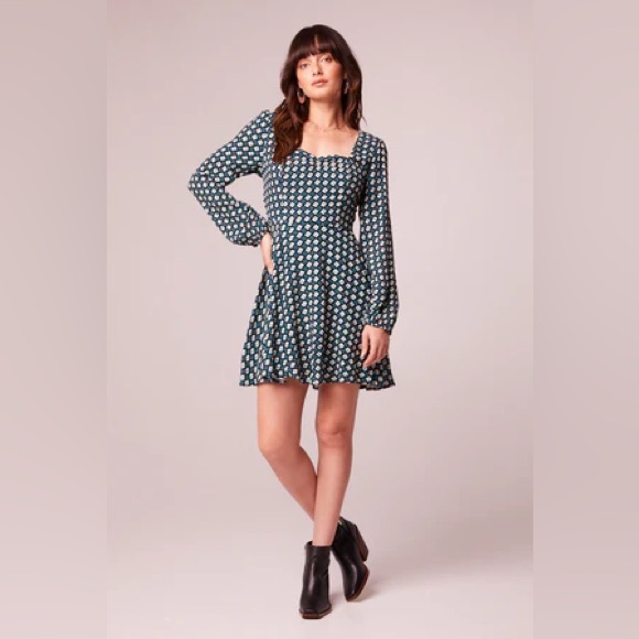 NWT Band Of The Free GENEVIEVE TEAL DIAMOND LONG SLEEVE MINI DRESS Smocked Back - Picture 3 of 5